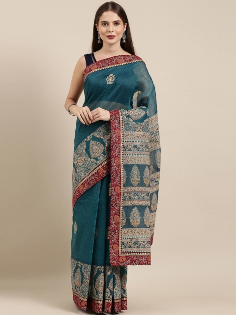 

The Chennai Silks Teal & Beige Ethnic Motifs Printed Pure Cotton Fusion Saree