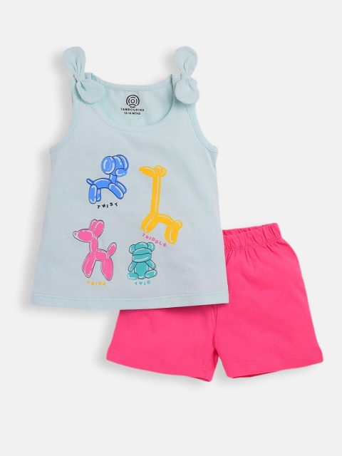 

TAMBOURINE Girls Turquoise Blue & Pink Printed Top with Shorts