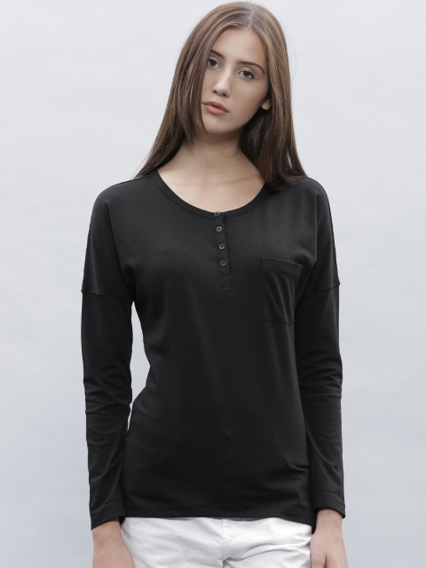 

ether Women Black Solid Henley Neck T-Shirt