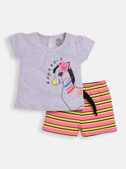 

TAMBOURINE Girls Grey & Pink Printed Top with Shorts