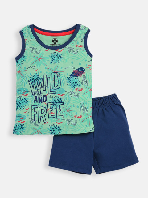 

TAMBOURINE Boys Green & Navy Blue Printed T-shirt with Shorts