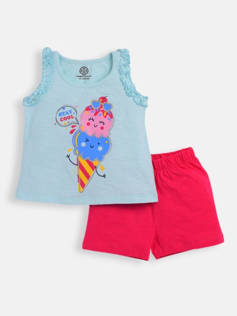 

TAMBOURINE Girls Turquoise Blue & Pink Printed Top with Shorts