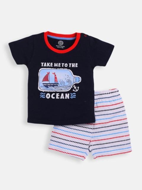 

TAMBOURINE Boys Navy Blue & White Printed T-shirt with Shorts