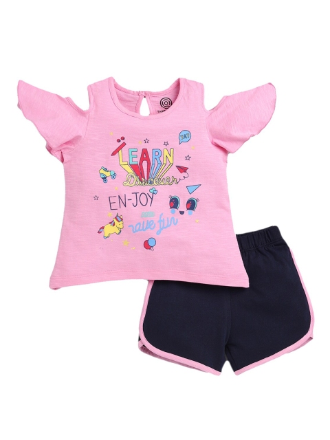

TAMBOURINE Girls Pink & Navy Blue Printed Top with Shorts