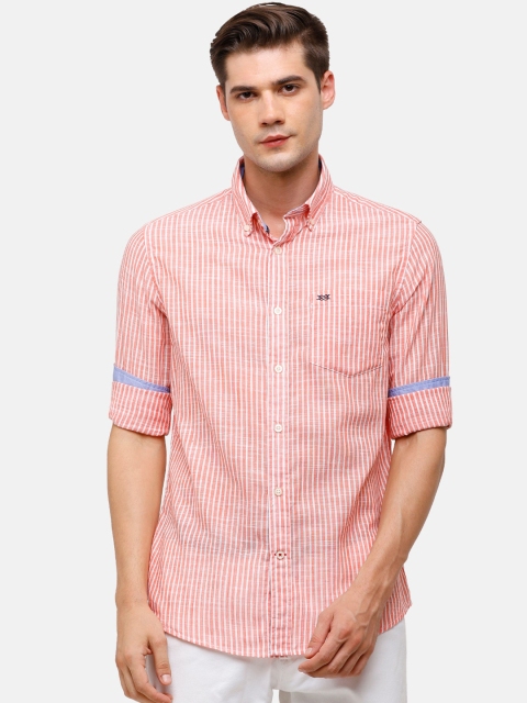 

Double Two Men Orange Slim Fit Striped Casual Shirt