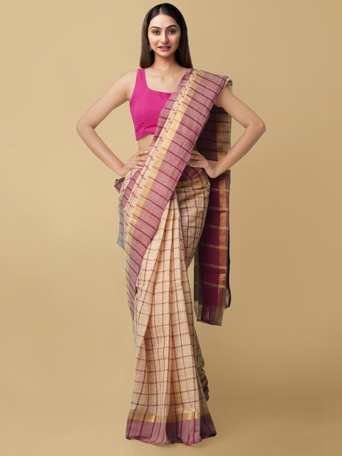 

Unnati Silks Cream-Coloured & Pink Checked Zari Pure Cotton Mangalagiri Sustainable Saree