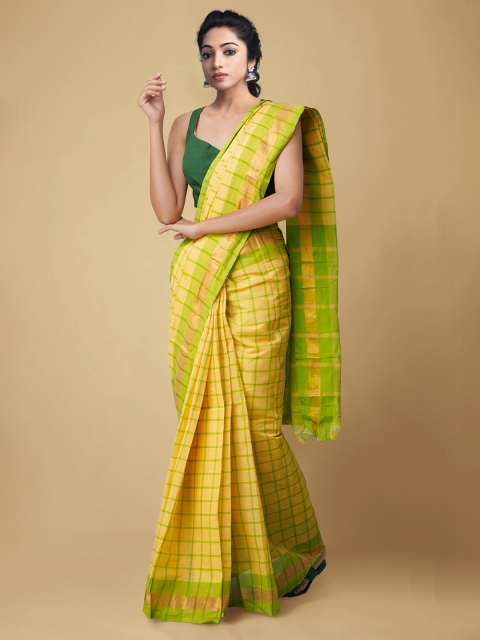 

Unnati Silks Yellow & Green Checked Zari Pure Pavni Cotton Mangalagiri Saree