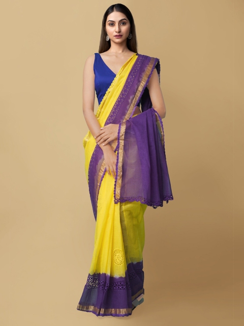 

Unnati Silks Yellow & Violet Embroidered Pure Cotton Sustainable Kota Saree