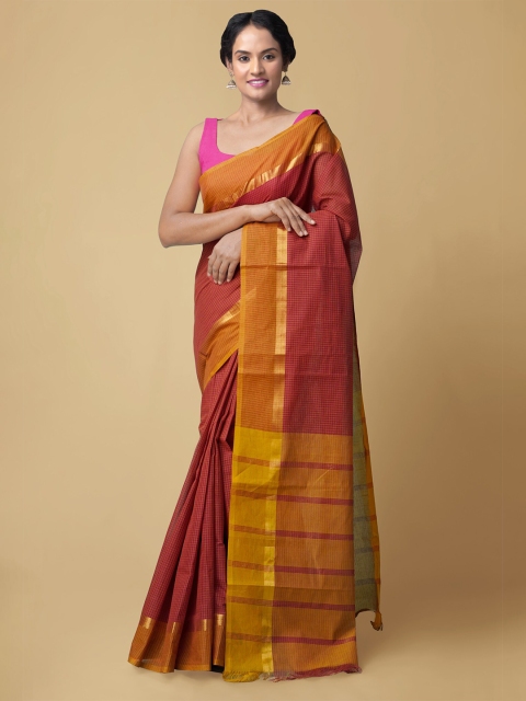 

Unnati Silks Maroon & Mustard Checked Zari Pure Cotton Mangalagiri Saree