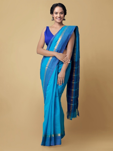 

Unnati Silks Blue Checked Zari Pure Cotton Sustainable Mangalagiri Saree