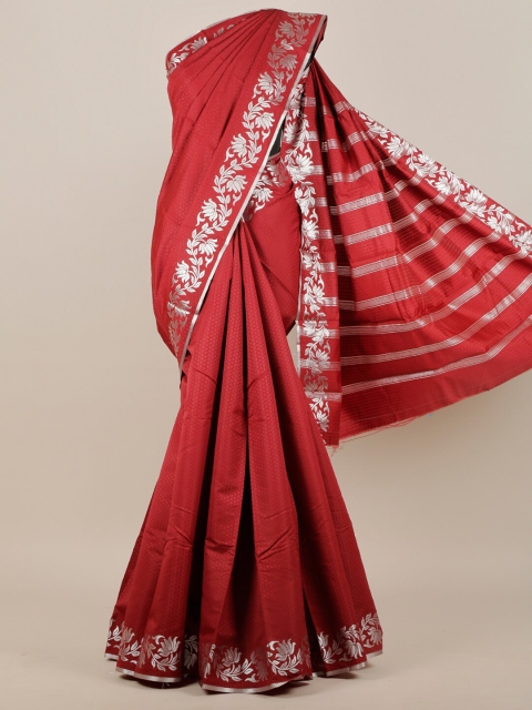

Pothys Maroon & Silver-Coloured Ethnic Motifs Embossed Zari Butter Silk Saree