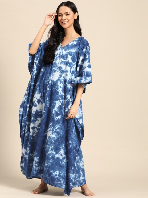 

Prakrti Women Blue & White Hand Tie & Dye Pure Cotton Kaftan Nightdress