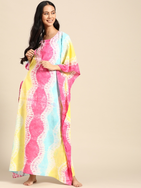 

Prakrti Women Pink & Blue Hand Tie & Dye Pure Cotton Kaftan Nightdress