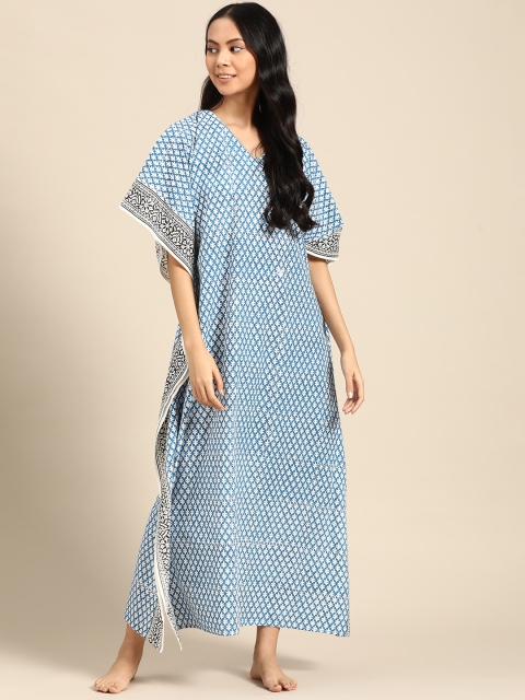 

Prakrti Blue & White Pure Cotton Handblock Print Maxi Kaftan Nightdress