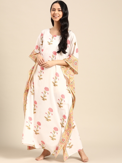 

Prakrti White & Pink Pure Cotton Handblock Print Maxi Kaftan Nightdress