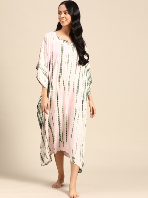 

Prakrti Pink & Olive Green Hand Tie & Dye Kaftan Nightdress