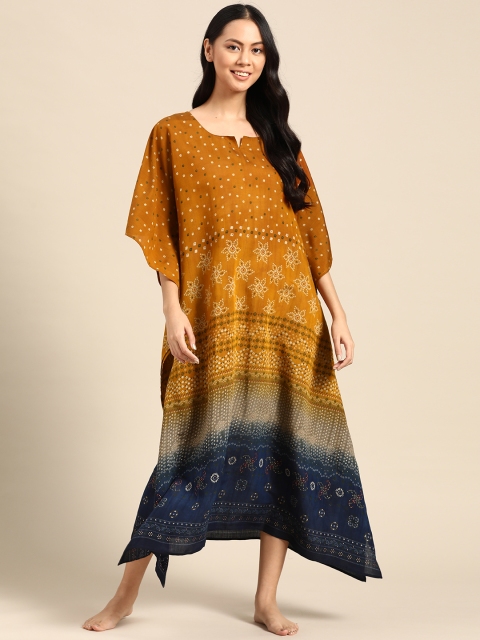 

Prakrti Mustard Yellow & Navy Bandhani Print Maxi Nightdress