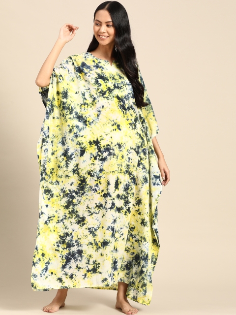 

Prakrti Yellow & Navy Blue Hand Tie & Dye Pure Cotton Kaftan Nightdress