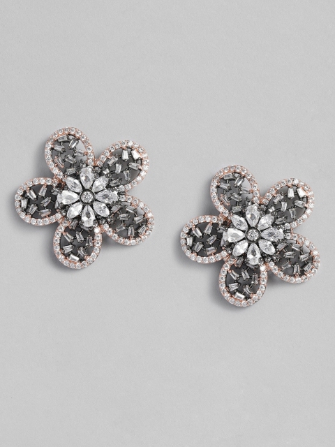 

MIDASKART Rhodium Plated & Black Handcrafted Dual Tone Floral Studs