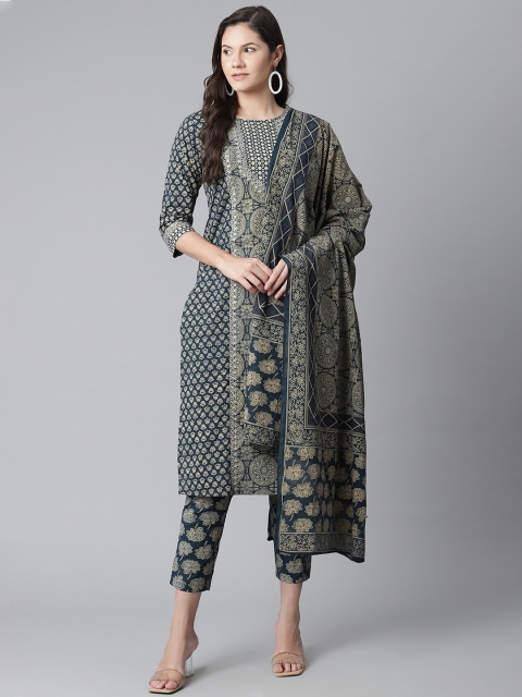 

Yuris Women Teal Green & Beige Printed Panelled Pure Cotton Kurta with Trousers & Dupatta