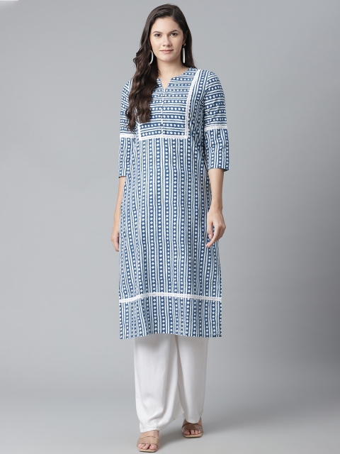 

Yuris Women Blue & White Pure Cotton Striped Kurta