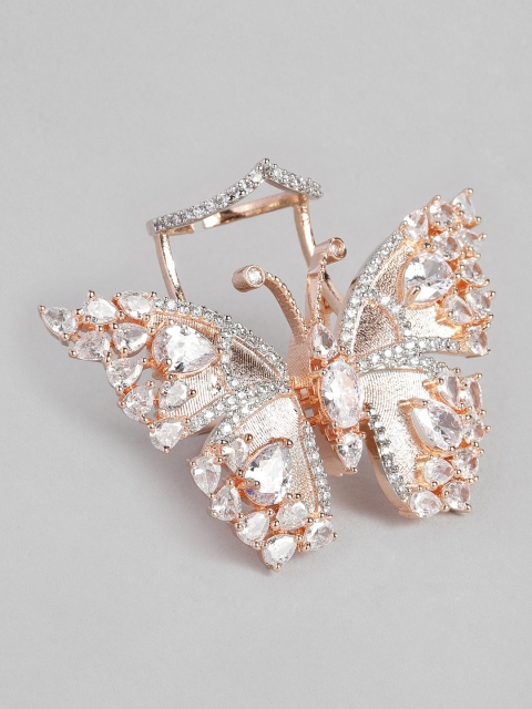 

MIDASKART Rhodium-Plated & Rose Gold CZ Studded Adjustable Butterfly Shaped Ring