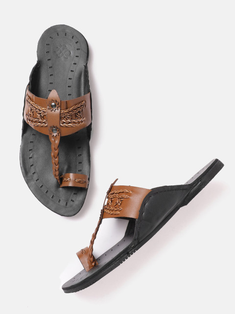 

House of Pataudi Men Brown Braided Leather Comfort Sandals