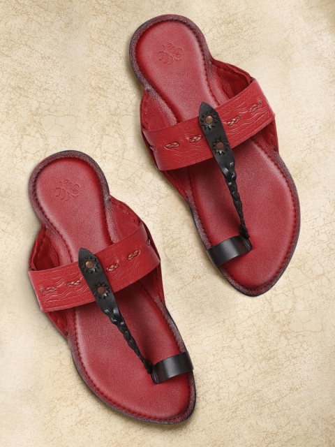 

House of Pataudi Men Red & Black Braided Leather Comfort Sandals
