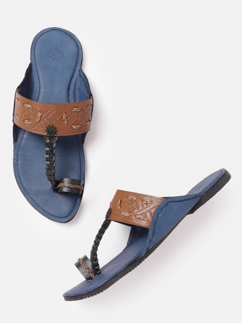 

House of Pataudi Men Brown & Black Textured Leather Comfort Sandals