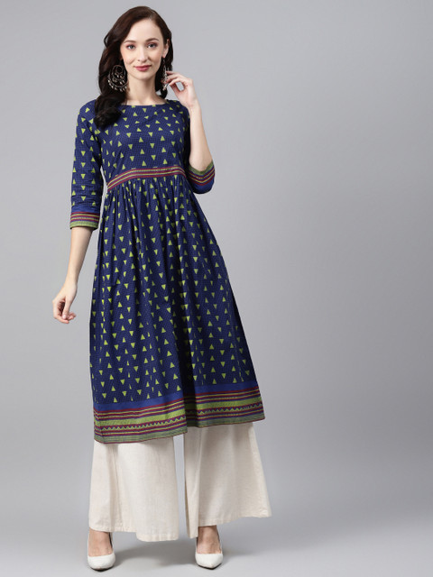 

Cottinfab Women Navy Blue & Green Geometric Printed Pure Cotton A-Line Kurta