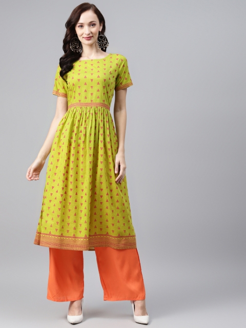 

Cottinfab Women Green & Red Geometric Printed Pure Cotton A-Line Kurta