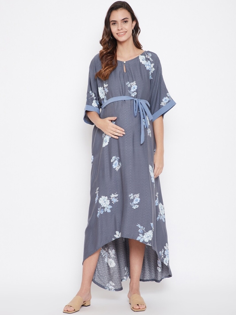 

The Kaftan Company Women Grey & Blue Floral Printed Belted Maternity Maxi Dress