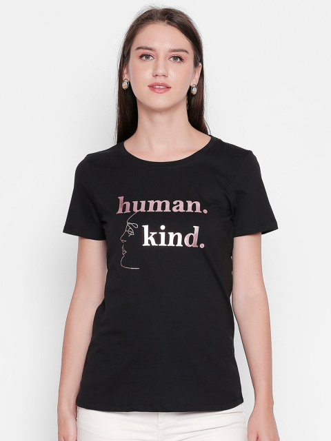 

Honey by Pantaloons Women Black Typography Printed Cotton T-shirt