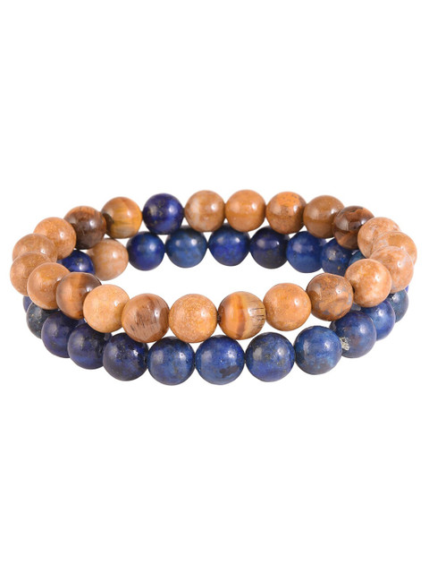 

Tistabene Men Pack Of 2 Blue & Brown Rhodium-Plated Elasticated Bracelet