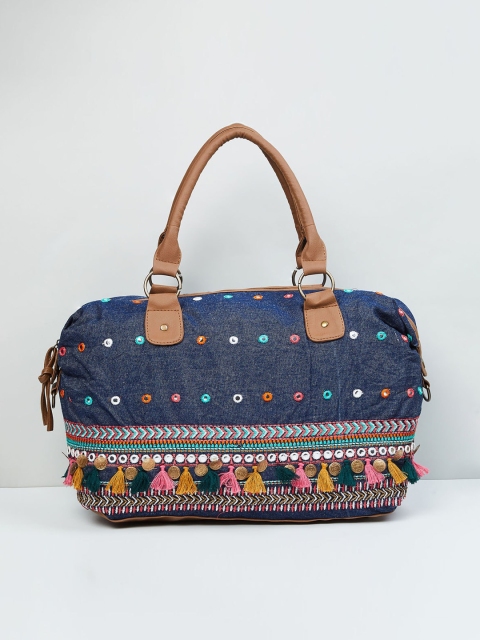 

max Blue Embellished Oversized Structured Tasselled Handheld Bag
