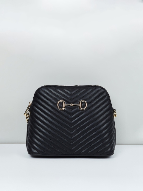 

max Black Geometric Textured PU Structured Sling Bag with Quilted