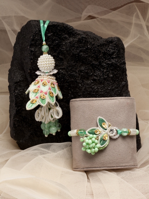 

PANASH Sea Green & White Pearl Beaded Fancy Lumba & Rakhi