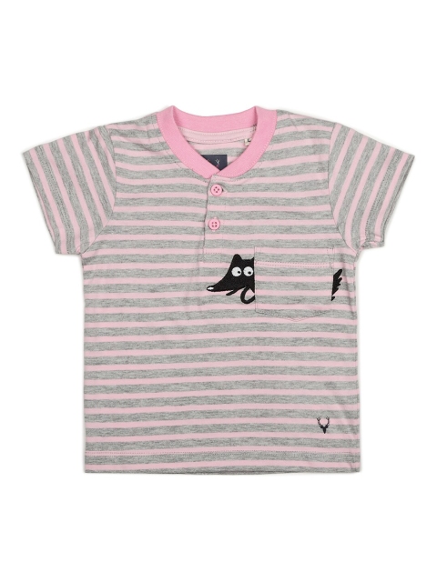 

Allen Solly Junior Boys Grey & Pink Pure Cotton Striped Henley Neck T-shirt