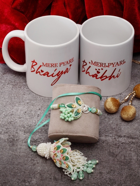 

PANASH Sea Green & White Pearls Beaded Lumba & Rakhi Set With Bhaiya Bhabhi Mugs Gift Set
