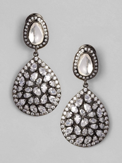 

rubans LUXURY Silver-Plated Teardrop Shaped Handcrafted Zircon Studded Drop Earrings