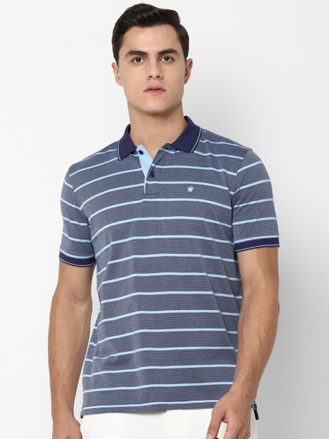 

Louis Philippe Men Blue & Turquoise Blue Striped Polo Collar Pure Cotton T-shirt