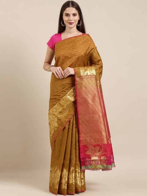 

The Chennai Silks Khaki & Pink Woven Design Pure Silk Fusion Dharmavaram Saree