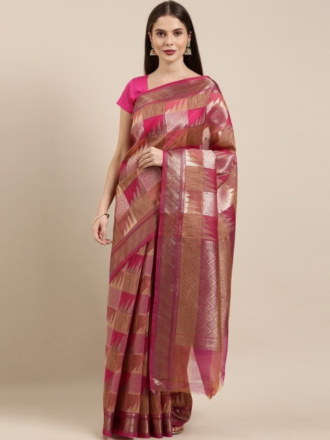 

The Chennai Silks Pink & Gold-Coloured Ethnic Motifs Woven Design Banarasi Saree