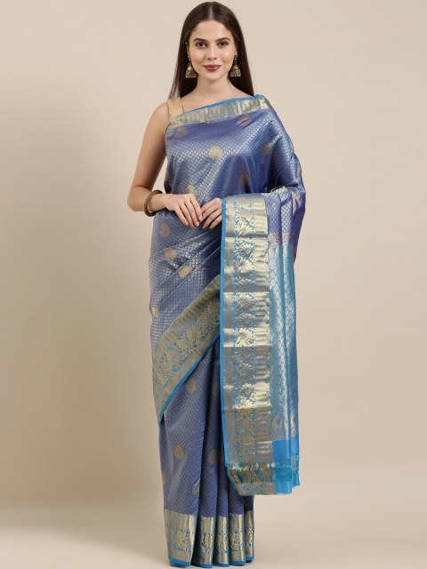 

The Chennai Silks Blue & Gold-Toned Ethnic Motifs Zari Brocade Handloom Kanjeevaram Saree