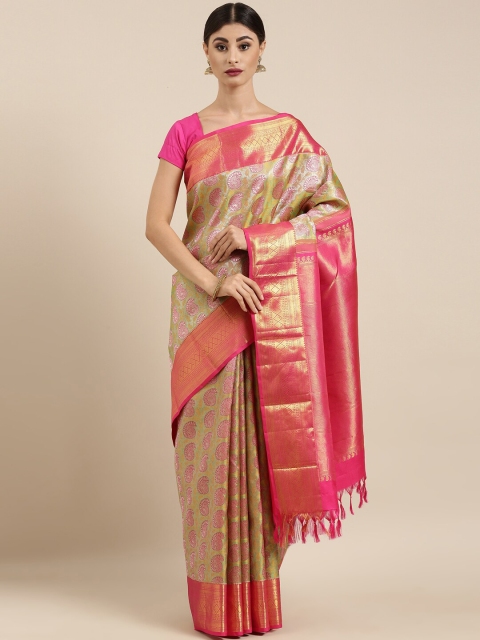 

The Chennai Silks Green & Pink Paisley Woven Design Zari Brocade Kanjeevaram Saree