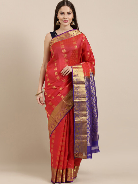 

The Chennai Silks Red & Blue Ethnic Motifs Zari Pure Silk Fusion Dharmavaram Saree