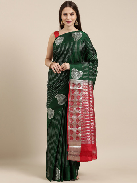 

The Chennai Silks Green & Red Striped Zari Pure Silk Kanjeevaram Saree