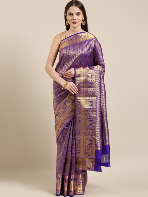 

The Chennai Silks Blue & Gold-Toned Woven Design Brocade Dharmavaram Saree