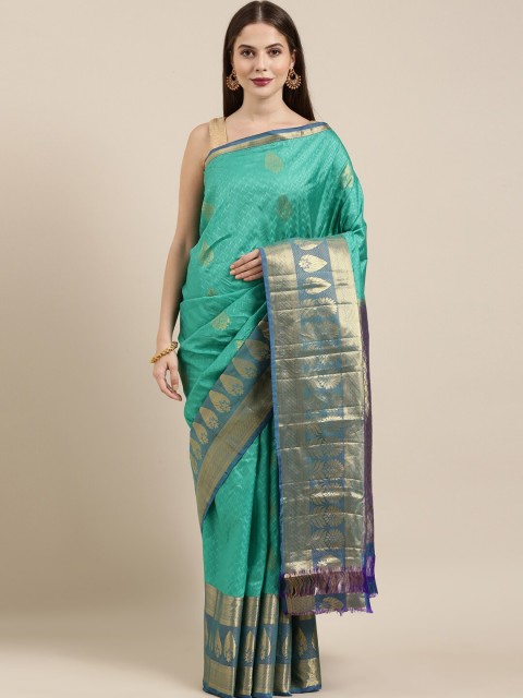 

The Chennai Silks Green & Blue Ethnic Motifs Woven Design Zari Pure Silk Dharmavaram Saree