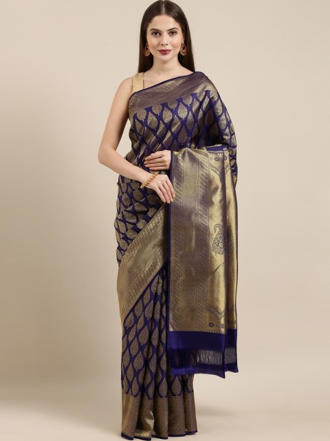 

The Chennai Silks Navy Blue & Gold-Toned Ethnic Motifs Zari Brocade Dharmavaram Saree